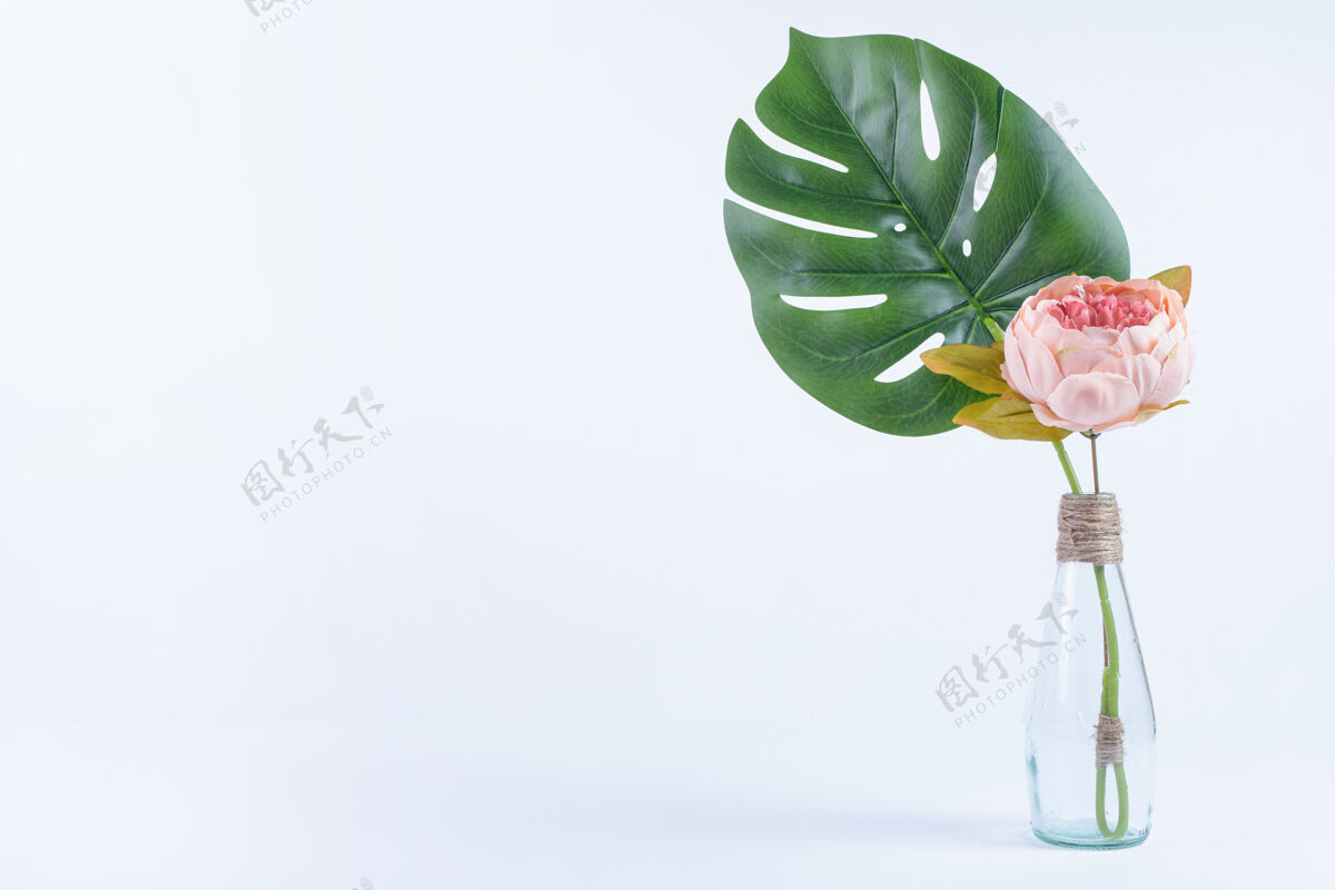 装饰人造叶子和花在白色的玻璃罐里花玻璃植物