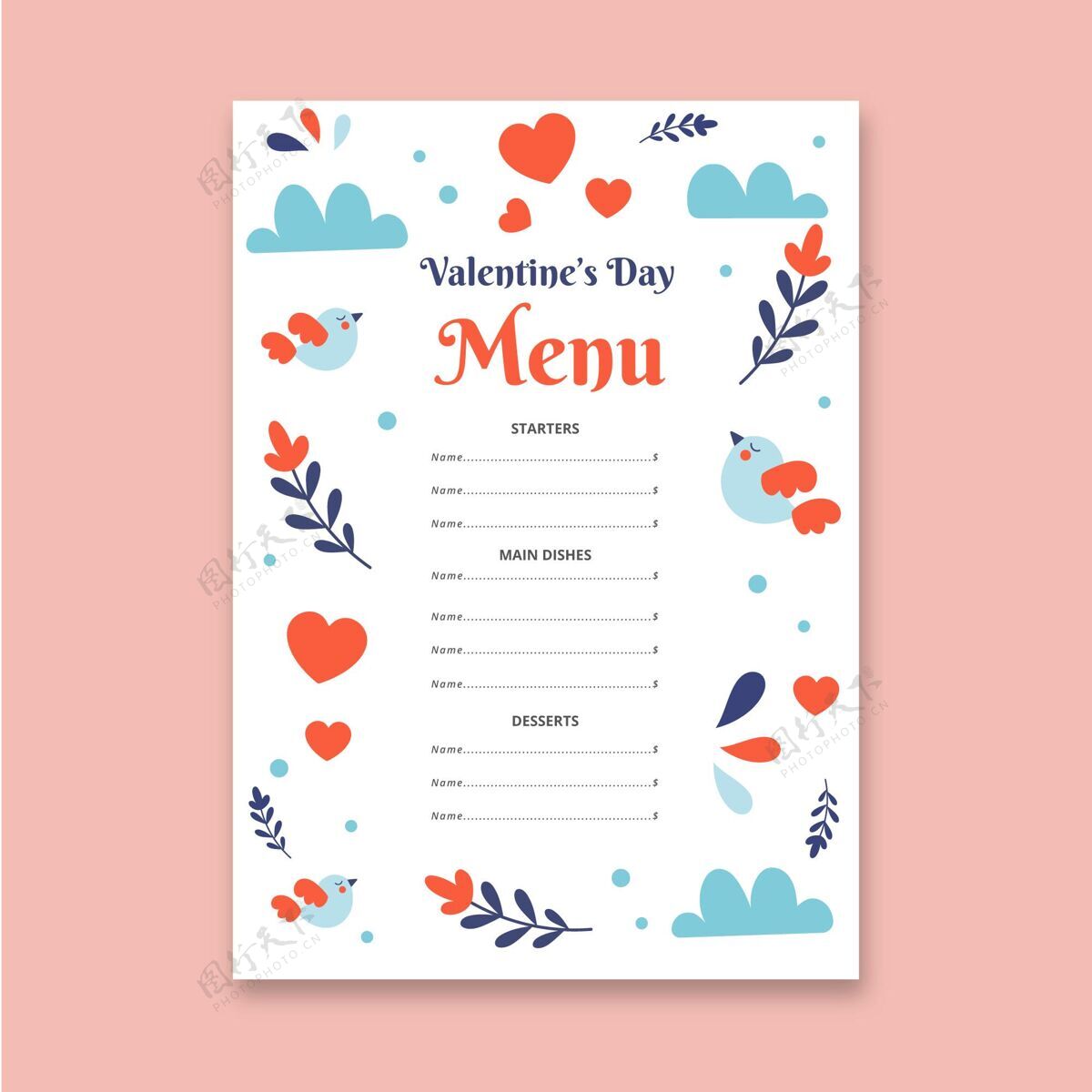 庆祝平面设计的情人节菜单模板平面设计情人节心