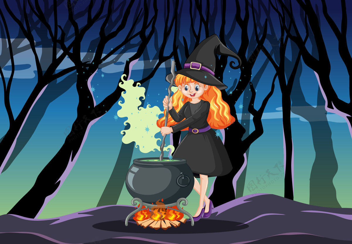 巫师巫婆用黑色魔法壶卡通风格的黑暗森林工具多彩巫婆
