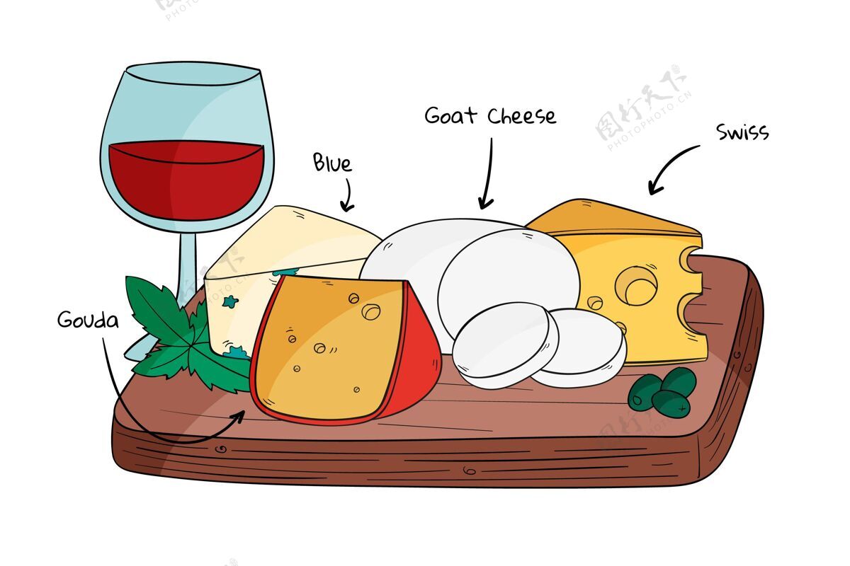 精选奶酪板和葡萄酒手绘插图与名称美味手工绘制