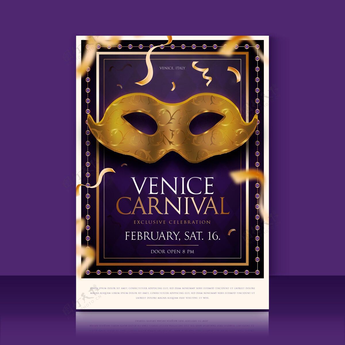 庆典威尼斯狂欢节面具与金色五彩纸屑海报模板化妆舞会威尼斯庆典