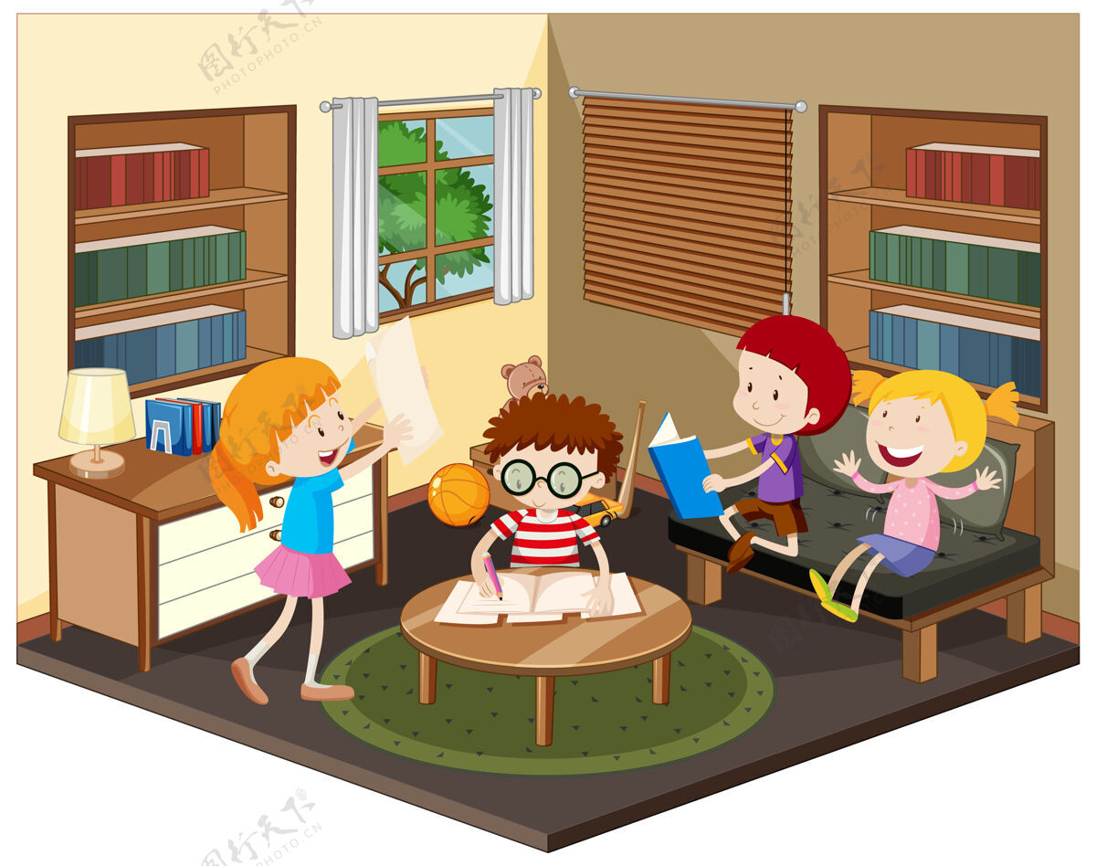 人物快乐的孩子在客厅做作业活着结构童年