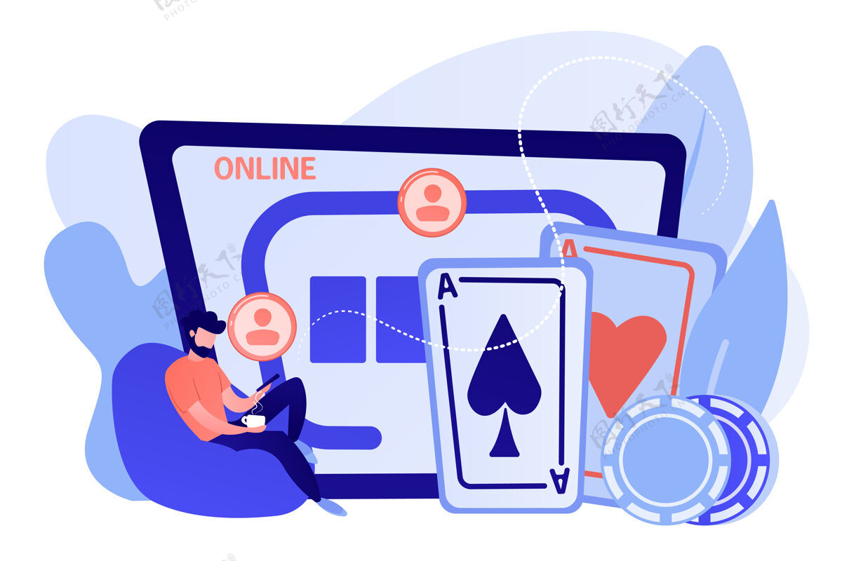 单位商人与智能手机玩扑克在线和赌场桌上的卡和芯片在线扑克 互联网赌博 在线赌场房间的概念粉红珊瑚蓝向量独立插图扑克人移动