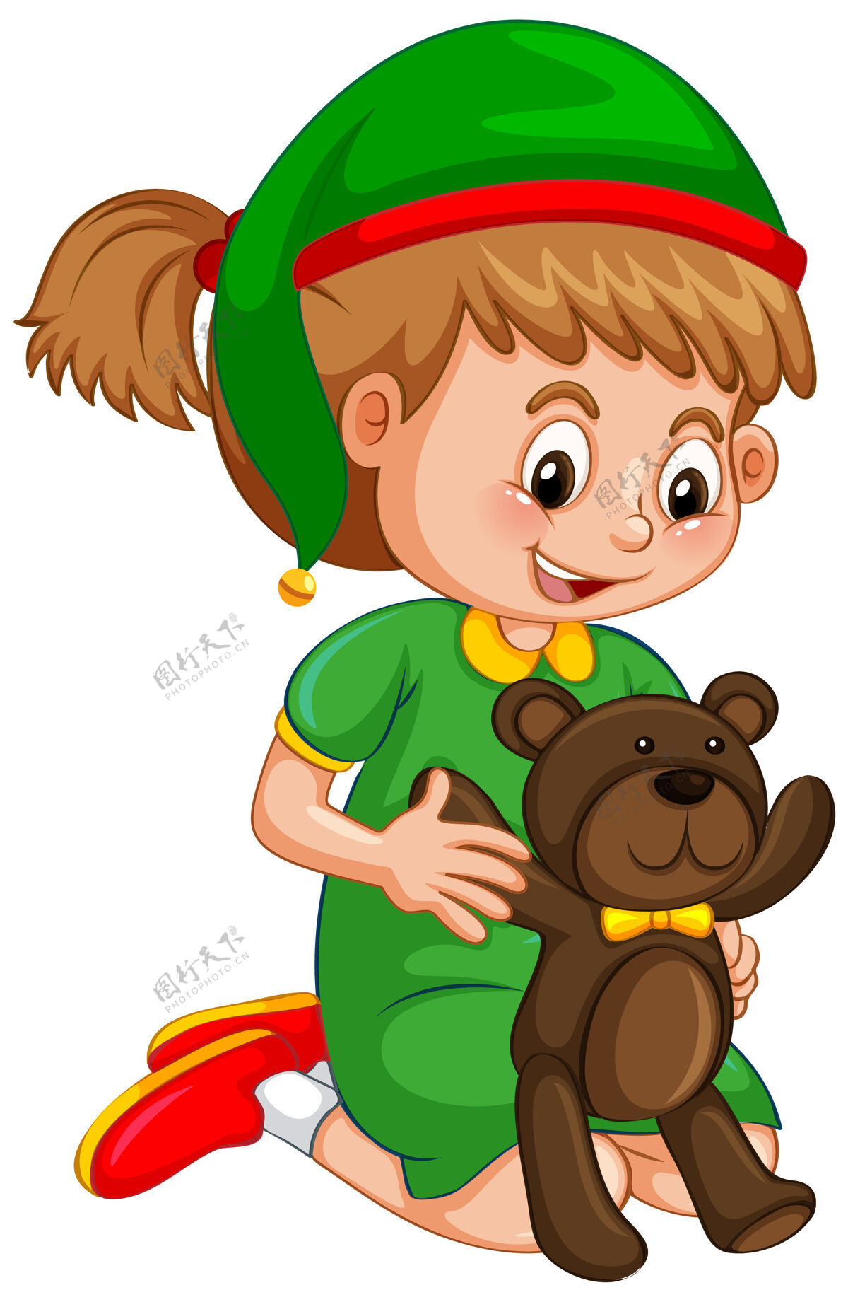 学生可爱的女孩戴着圣诞帽 手里拿着白色的泰迪熊角色童年野生