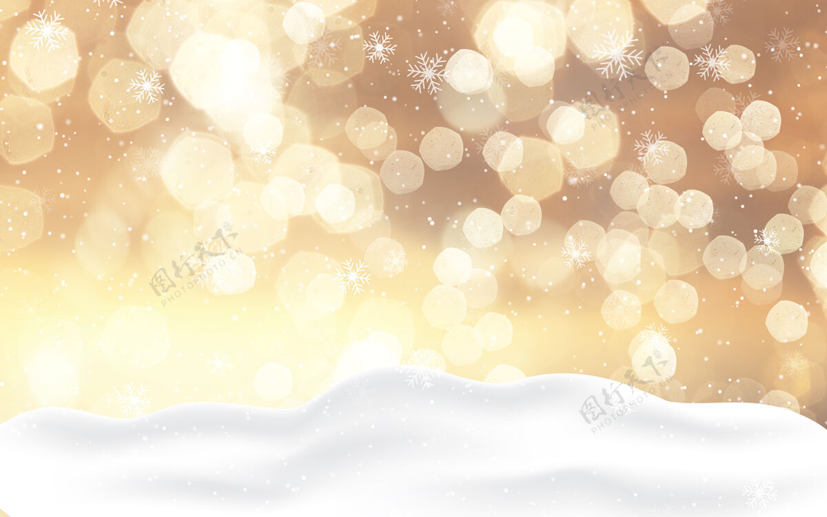 下雪圣诞背景与黄金博凯灯和雪雪花天空冰