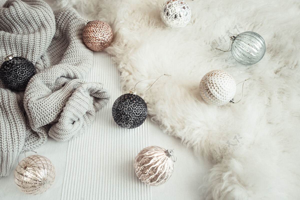 框架圣诞假期静物与装饰玩具和针织毛衣圣诞快乐复制假日