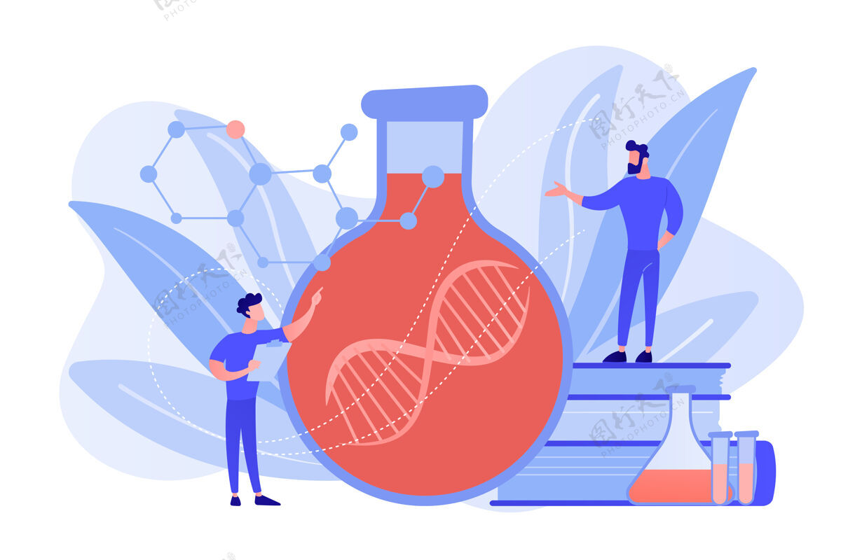 蓝色实验室里的科学家们正在玻璃球里研究巨大的dna链白色背景下的基因治疗 基因转移和功能基因概念粉红色珊瑚蓝载体孤立的插图遗传基因灯泡