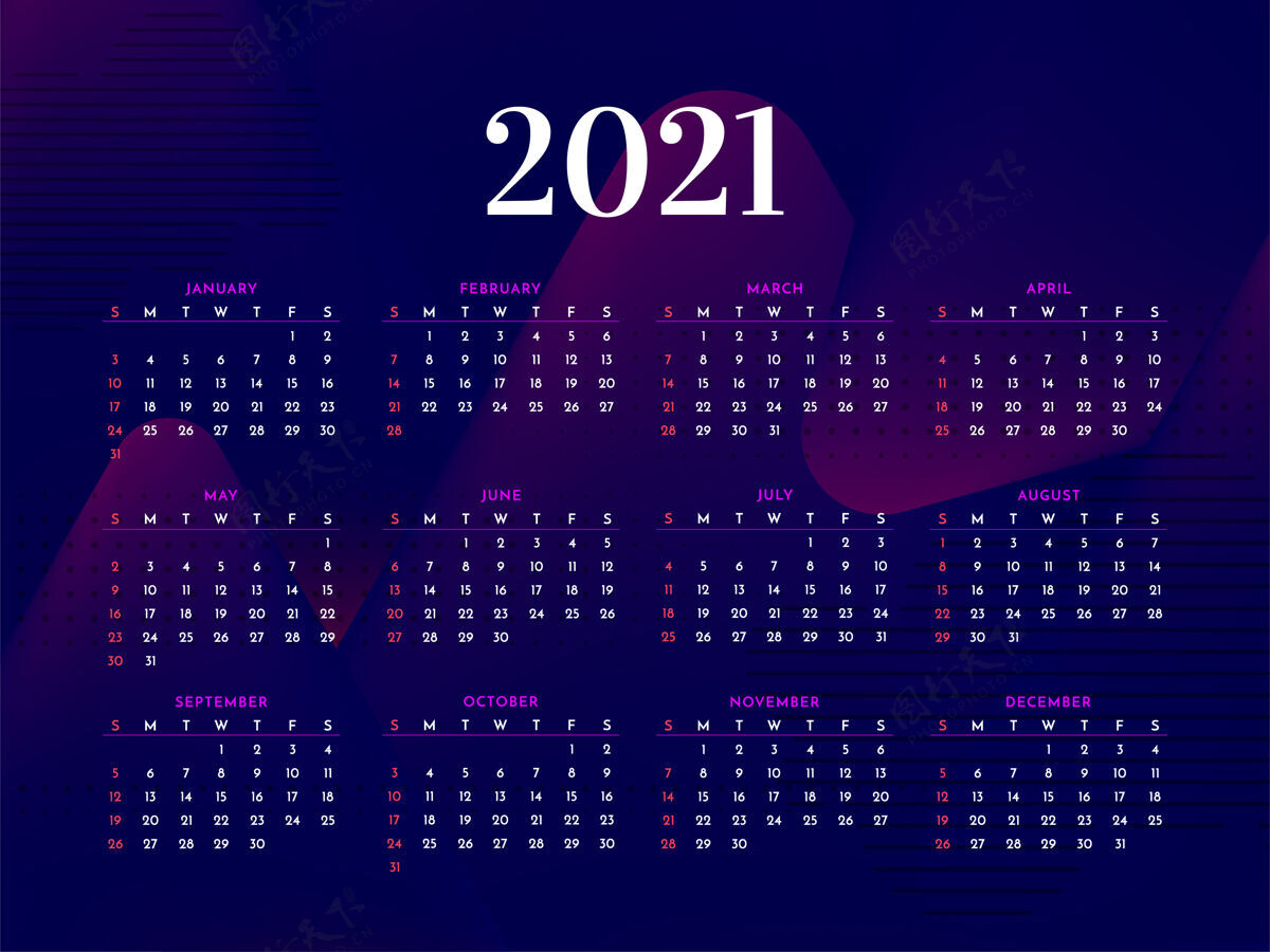 日历黑暗现代2021新年时尚日历模板3月10月8月