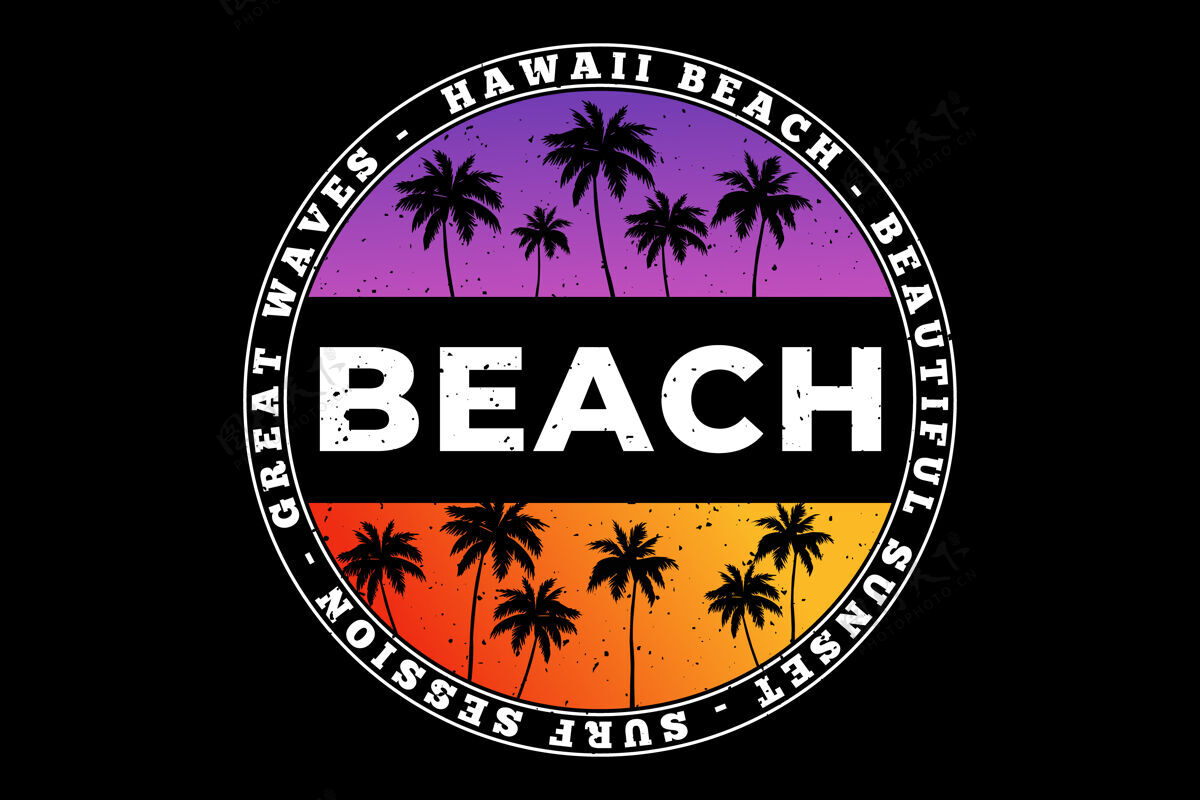 复古海滩夏威夷海浪冲浪美丽的梯度标签热带棕榈
