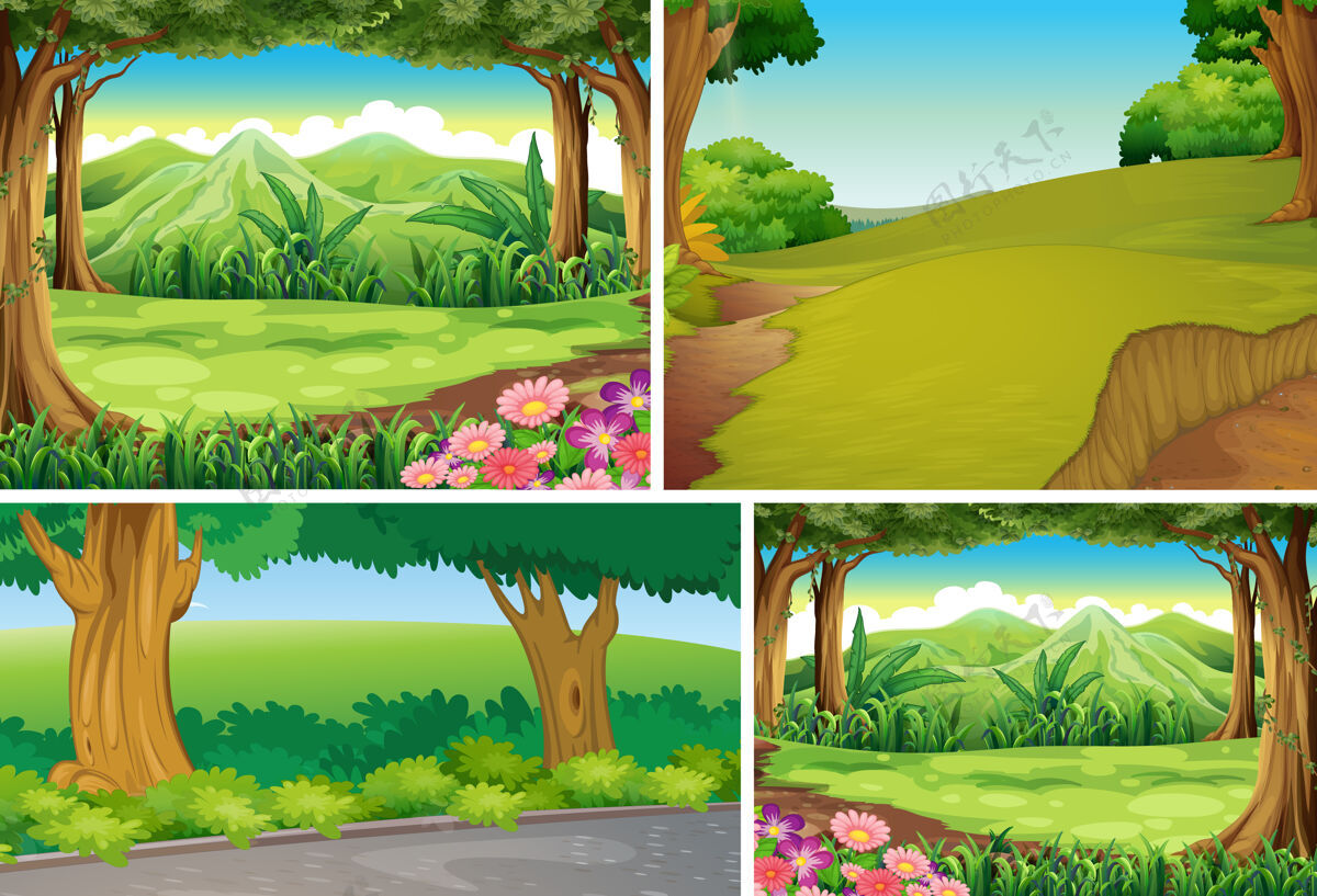 卡通四种不同自然场景的森林卡通风格户外树收集