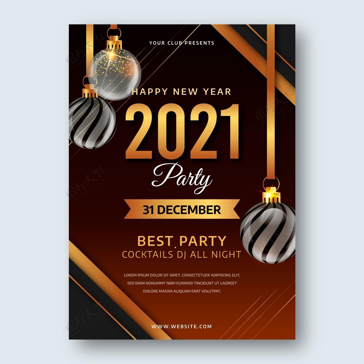 准备现实的2021年新年派对传单模板印刷新年前夕新