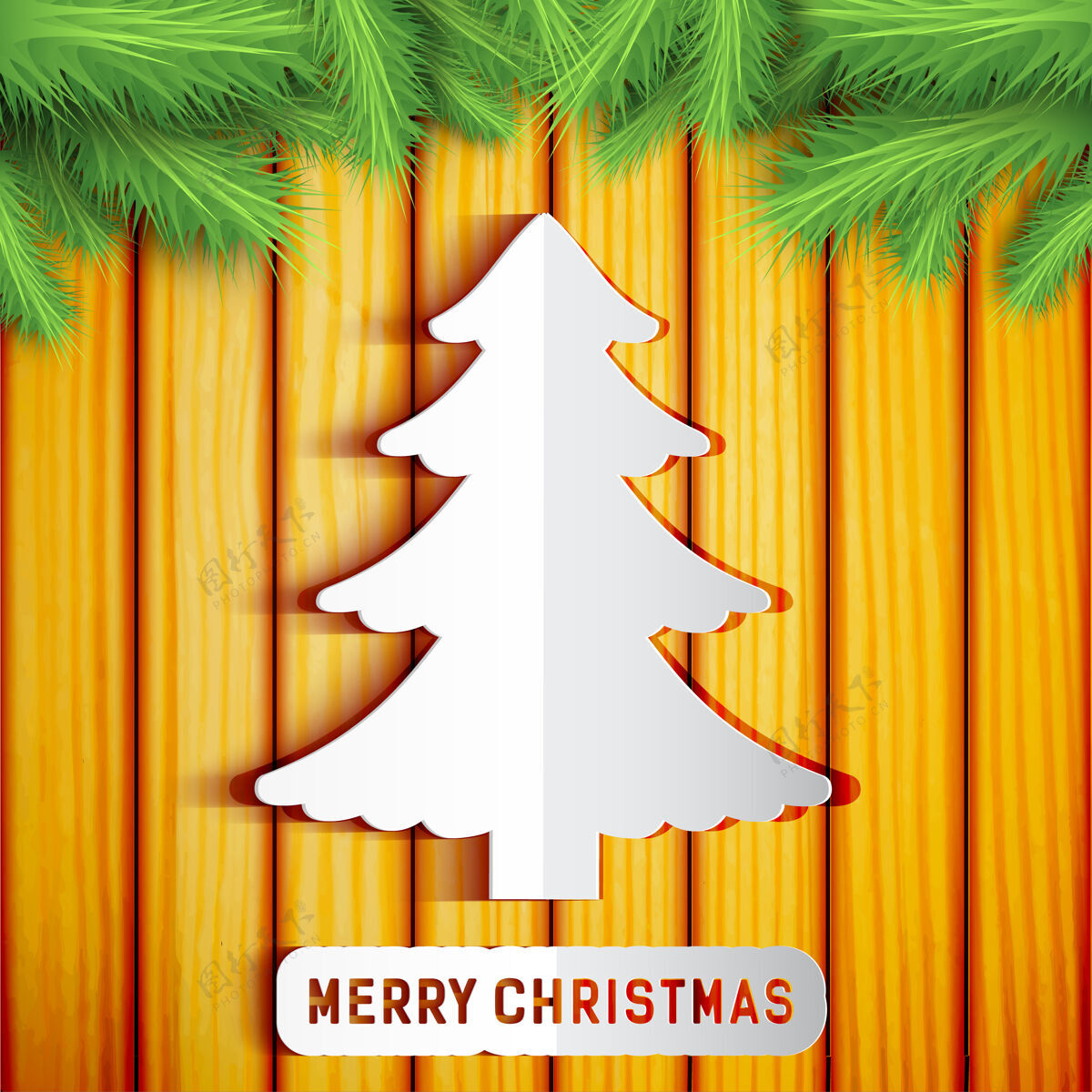 节日圣诞快乐装饰模板与纸杉木树枝上的木材文本绿色诺埃尔