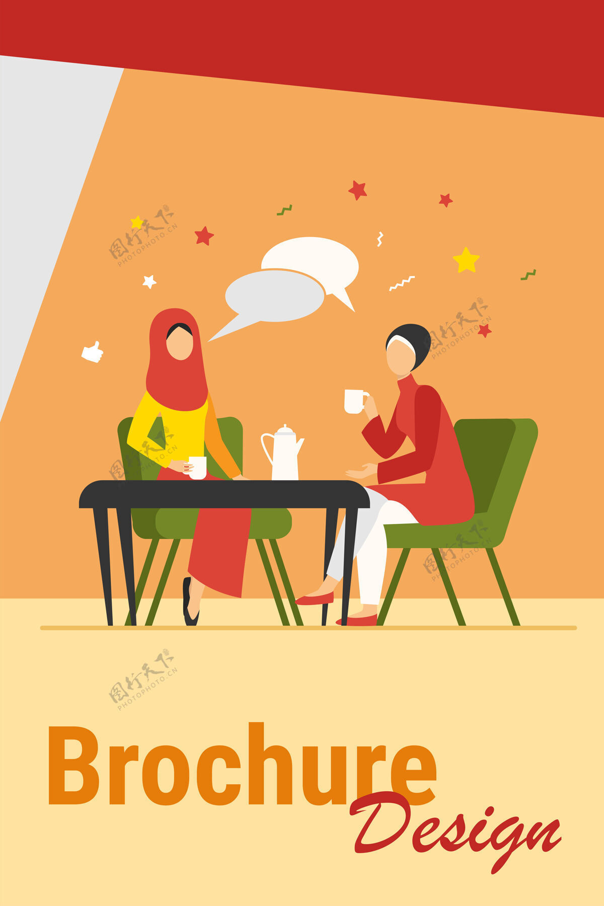 喝酒穆斯林妇女在阿拉伯咖啡店聚会女性朋友戴头巾喝咖啡平面矢量插图友谊 沟通理念为横幅 网站设计或登陆网页穿阿拉伯头巾