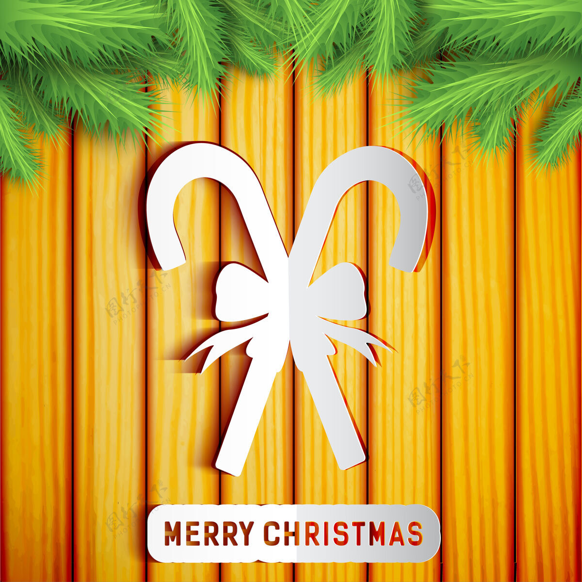 庆祝圣诞快乐卡与糖果手杖剪影木墙上与杉木树枝传统家庭鞠躬