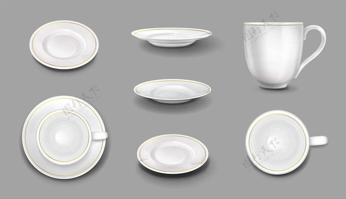 盘带金色边框的白色盘子和杯子 逼真的3d陶瓷杯子和盘子顶视图和侧视图空的陶瓷餐具 餐饮餐具 矢量插图 孤立的图标集器具碗餐具