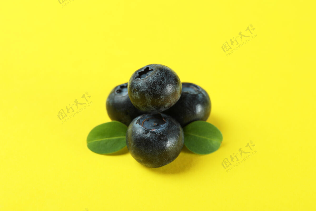 夏季新鲜的蓝莓和黄色的叶子甜点宏团体